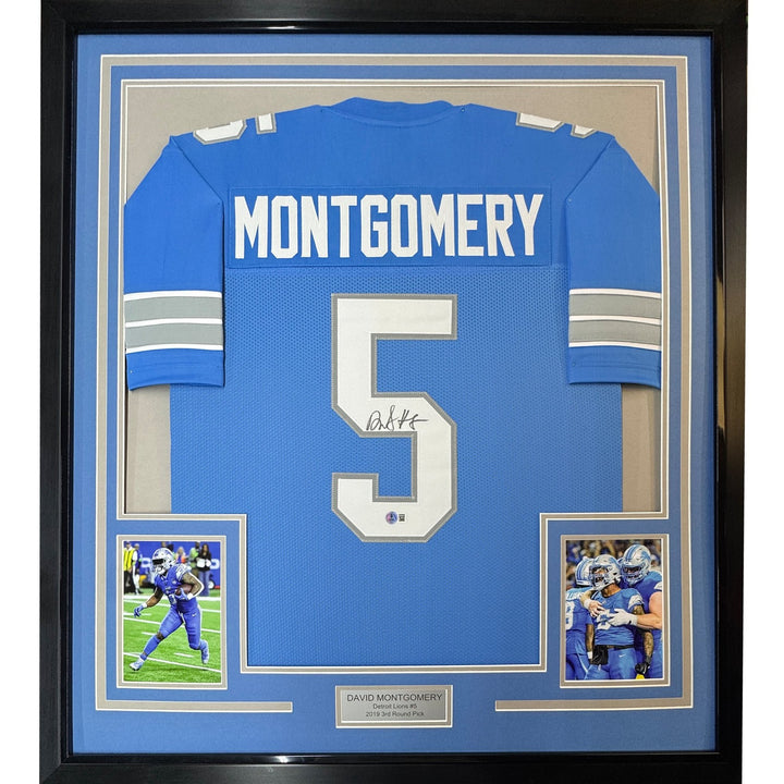 Framed Autographed/Signed David Montgomery 35x39 Detroit Blue Jersey COA