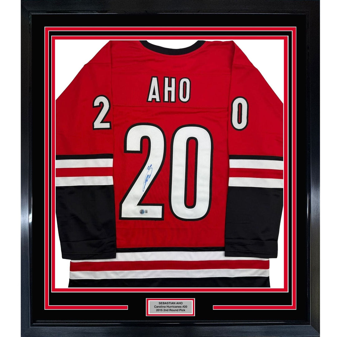 Framed Autographed/Signed Sebastian Aho 35x39 Carolina Red Jersey BAS COA