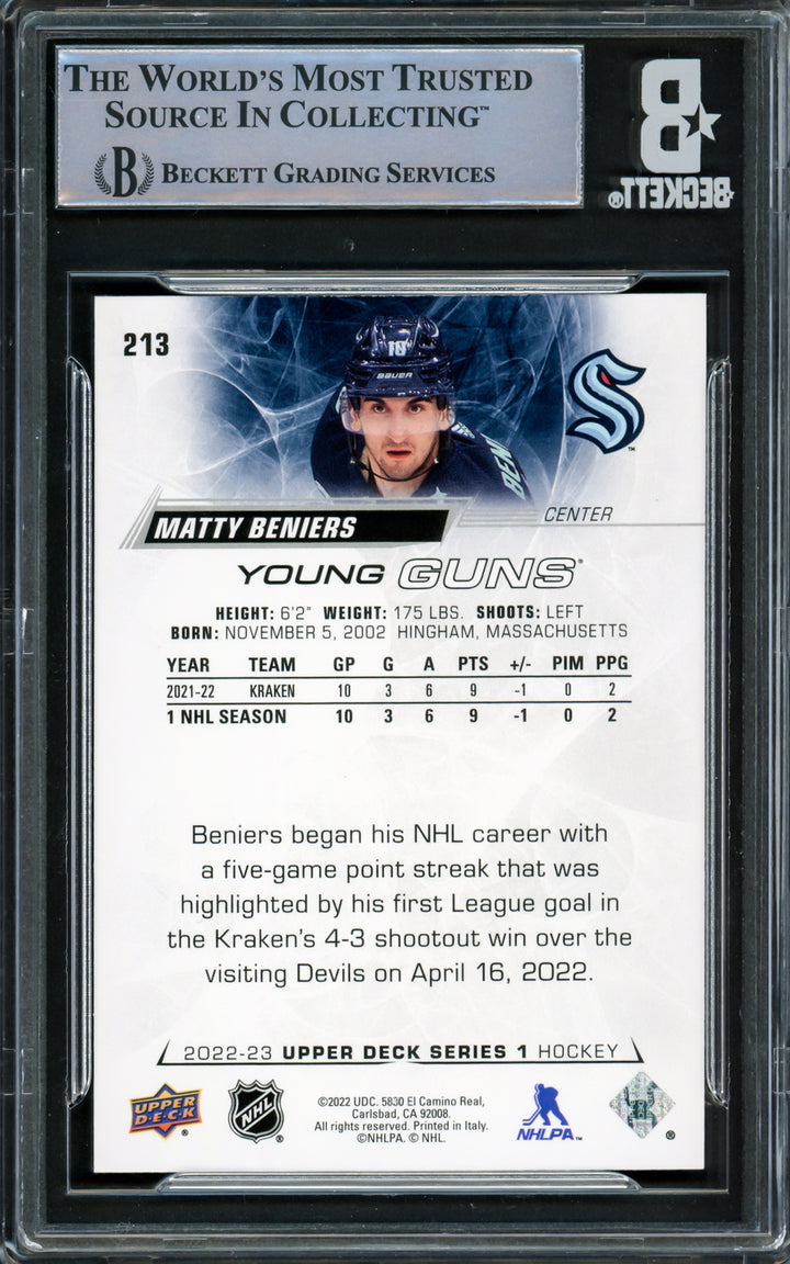 Matty Beniers Autographed 2022 Upper Deck Young Guns RC Beckett 16545466
