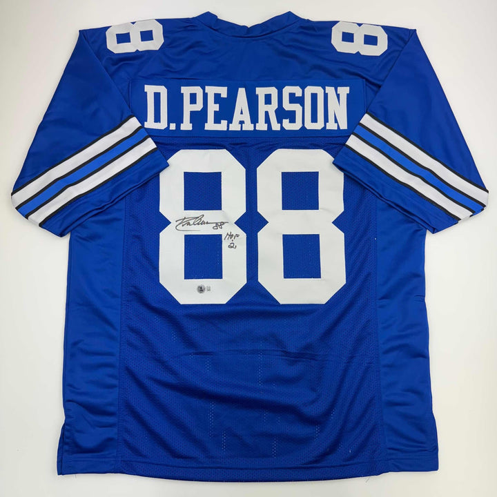 Autographed/Signed DREW PEARSON Dallas Blue Football Jersey JSA COA Auto