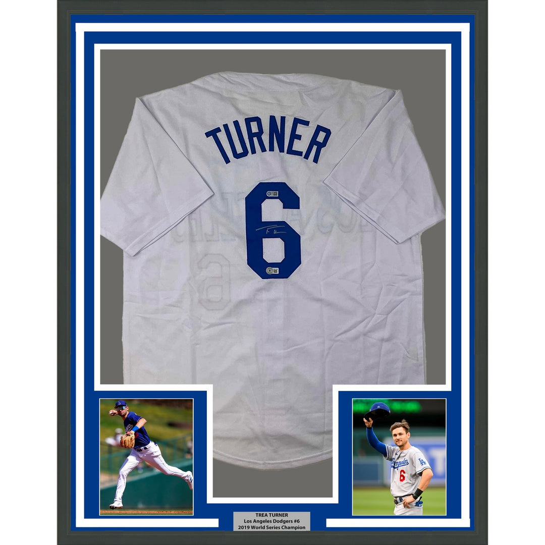 Framed Autographed/Signed Trea Turner 33x42 LA White Jersey BAS COA