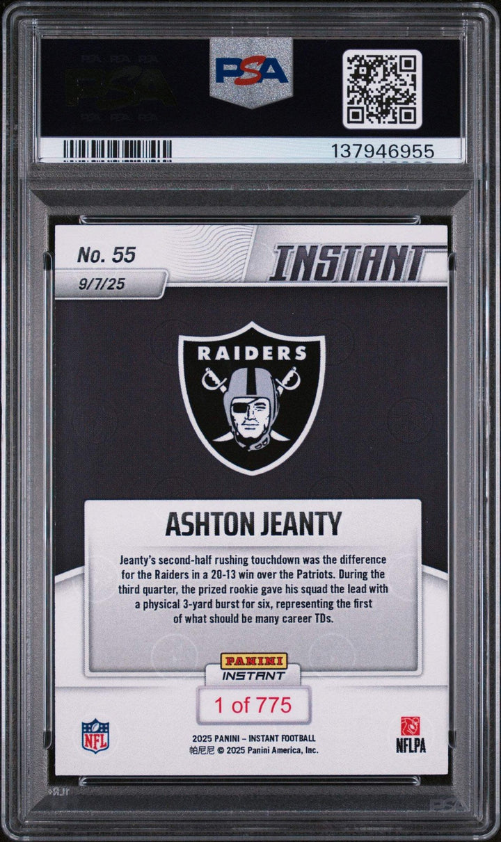 Graded 2025 Panini Instant Ashton Jeanty #55 Rookie RC Football Card PSA 10