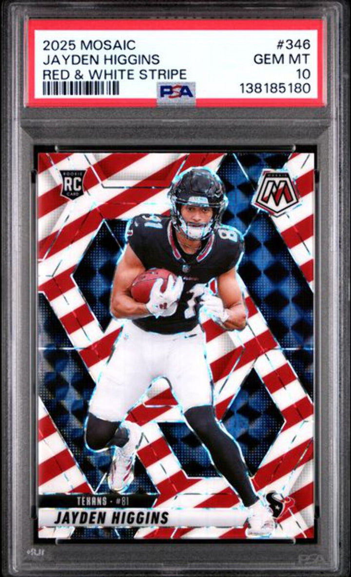 Graded 2025 Panini Mosaic Jayden Higgins 346 Red White Stripe Rookie Card PSA 10