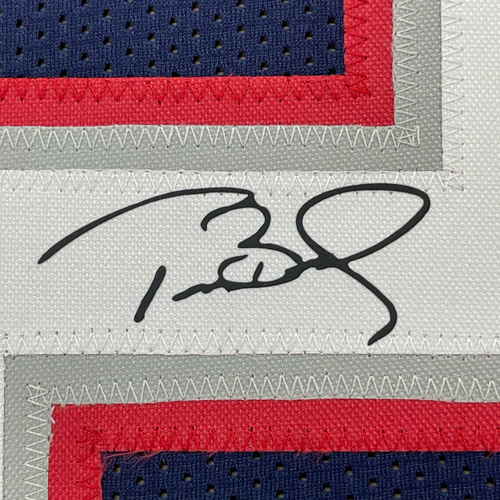 Framed Facsimile Autographed Tom Brady 33x42 Blue Reprint Laser Auto Jersey