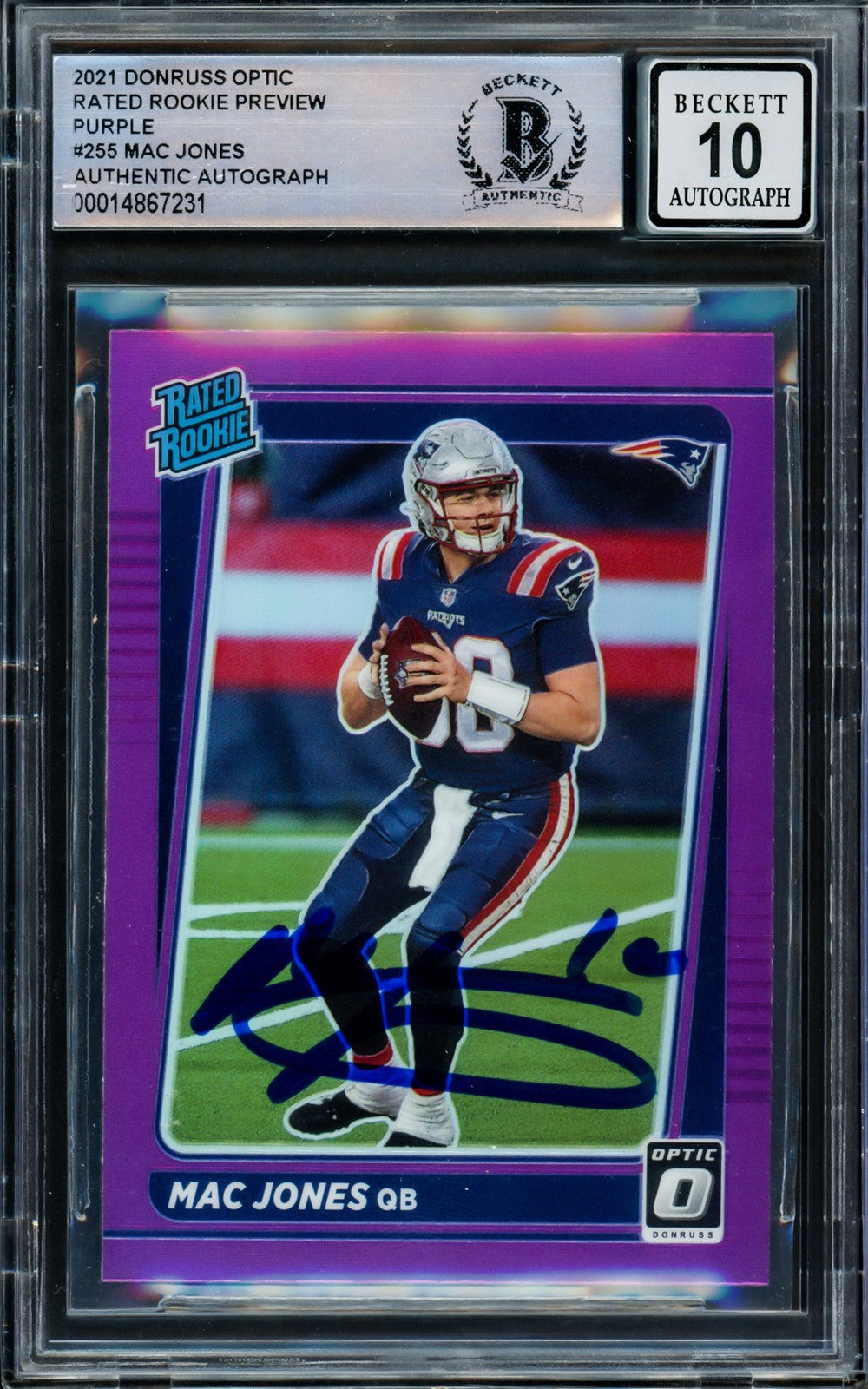 Mac Jones Auto Signed 2021 Donruss Optic Preview Purple RC P-255 Sig 10 Beckett