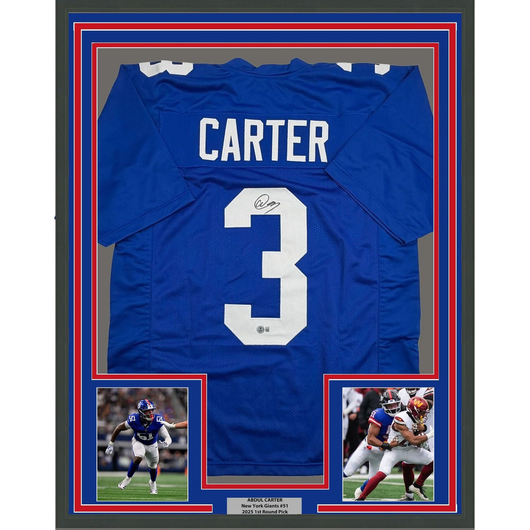 Framed Autographed/Signed Abdul Carter 35x39 New York Blue Jersey BAS COA
