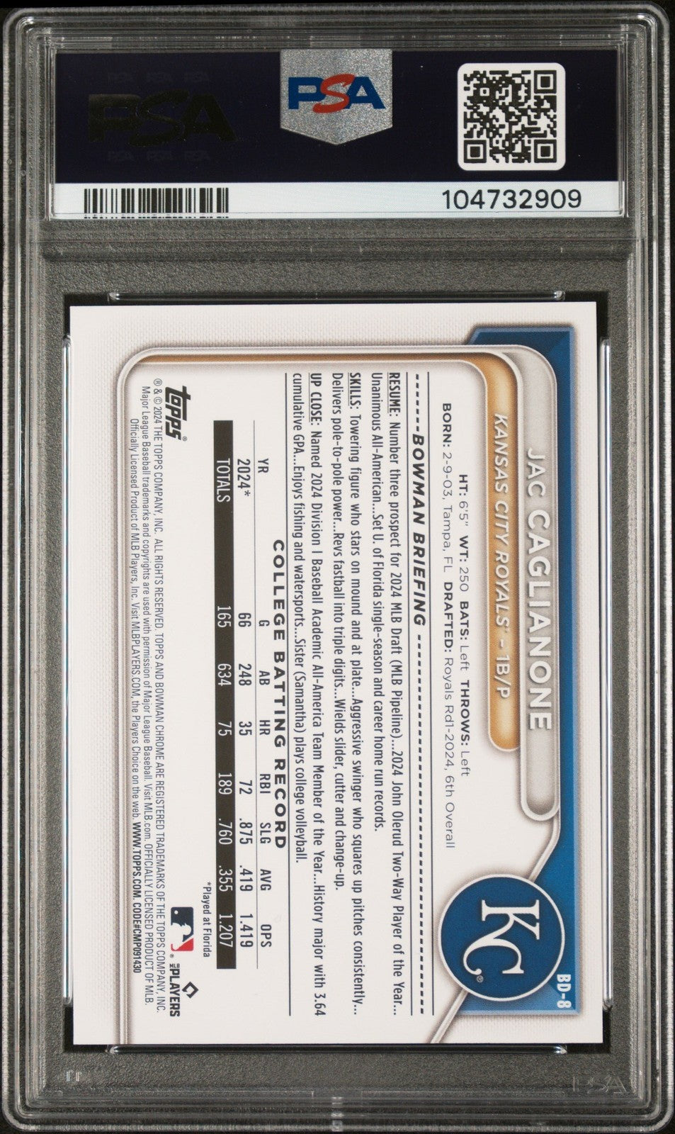 Graded 2024 Topps Bowman Draft Jac Caglianone #BD8 Rookie Card PSA 10