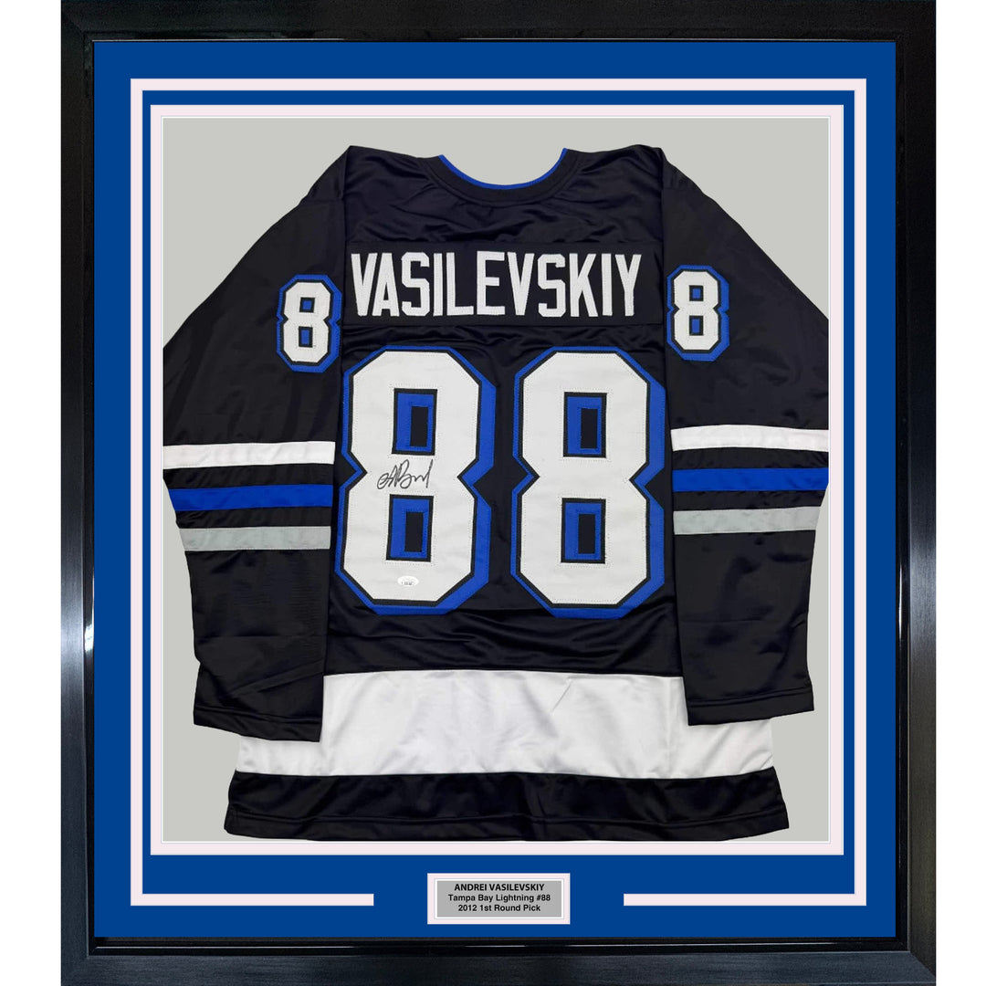 Framed Autographed/Signed Andrei Vasilevskiy 35x39 Black Hockey Jersey JSA COA