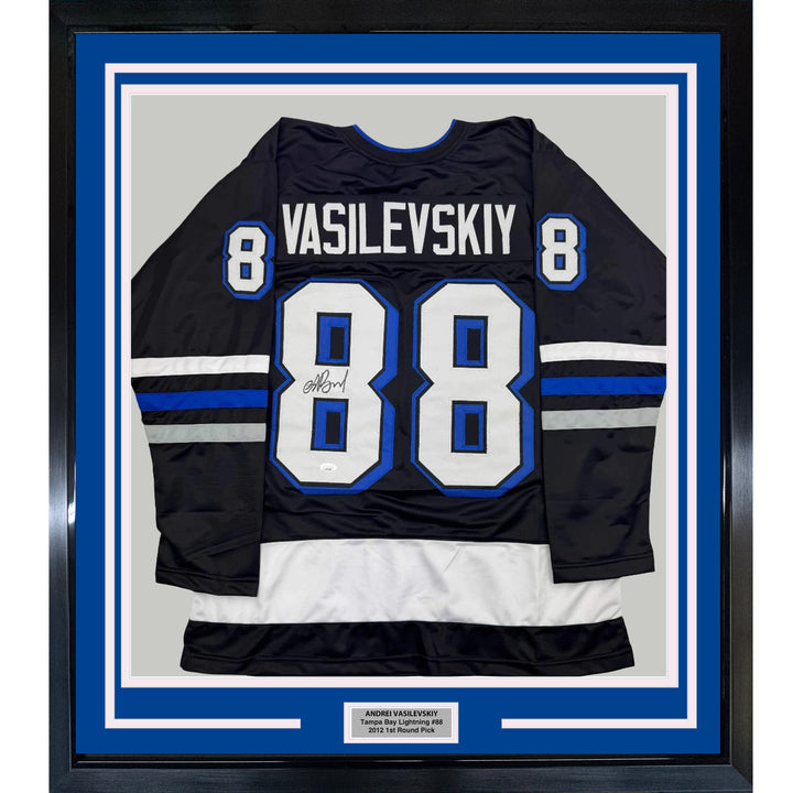 Framed Autographed/Signed Andrei Vasilevskiy 35x39 Black Hockey Jersey JSA COA