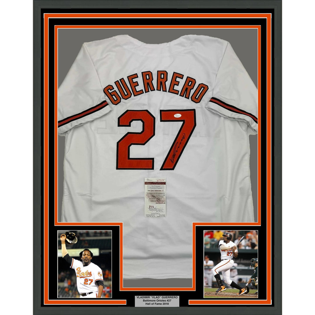 Framed Signed Vladimir Guerrero 35x39 Baltimore White Jersey JSA COA