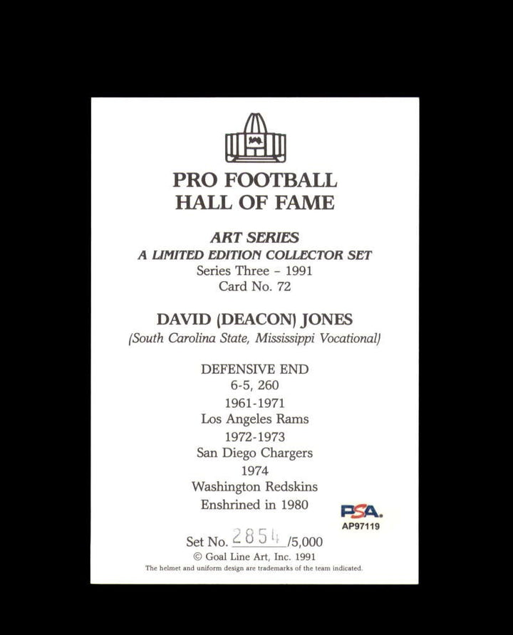Deacon Jones PSA DNA Signed Goal Line Art Card GLAC Autograph