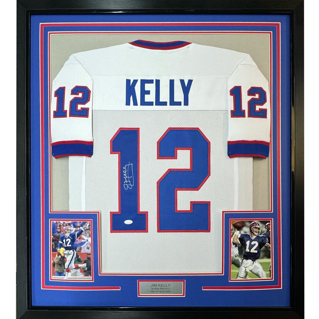 Framed Autographed/Signed Jim Kelly 35x39 Buffalo White Jersey JSA COA