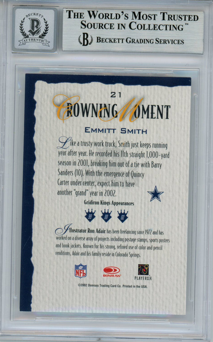 Emmitt Smith Signed 2002 Gridiron Kings #21 Trading Card Beckett 10 Slab 35085