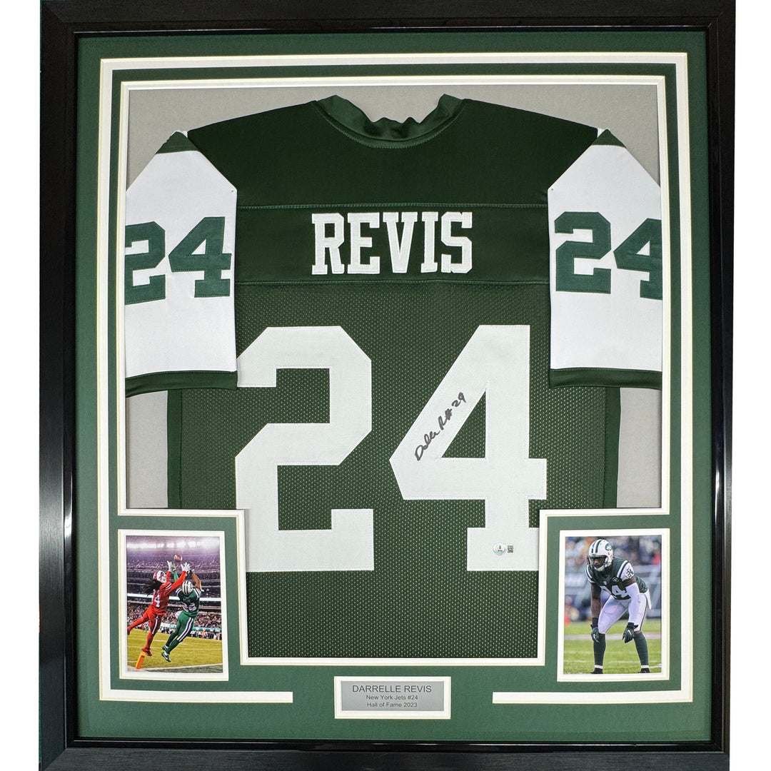 Framed Autographed/Signed Darrelle Revis 35x39 New York Green Jersey Beckett COA
