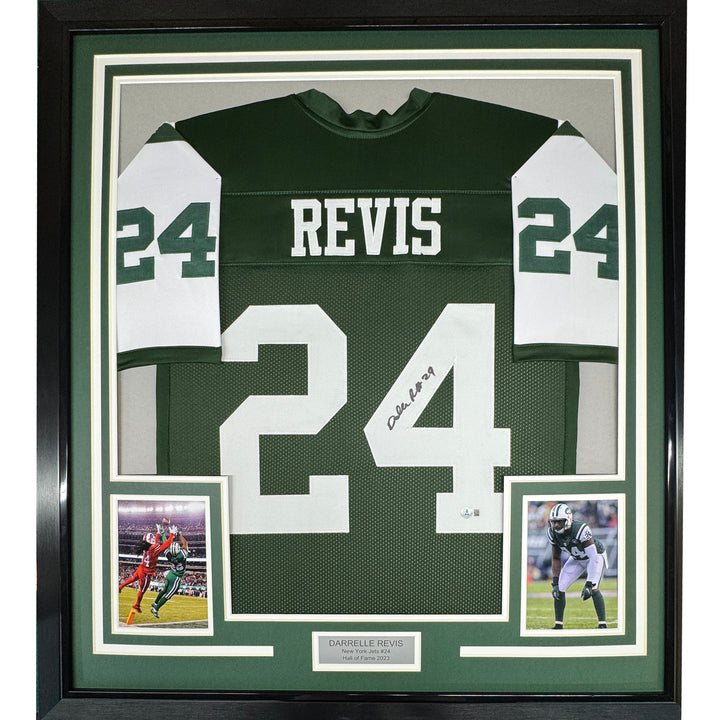 Framed Autographed/Signed Darrelle Revis 35x39 New York Green Jersey Beckett COA