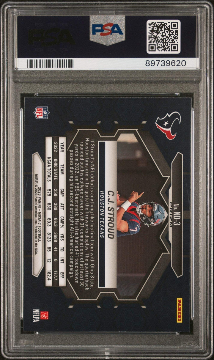 Graded 2023 Panini Mosaic CJ Stroud #ND3 Reactive Blue RC Football Card PSA 10