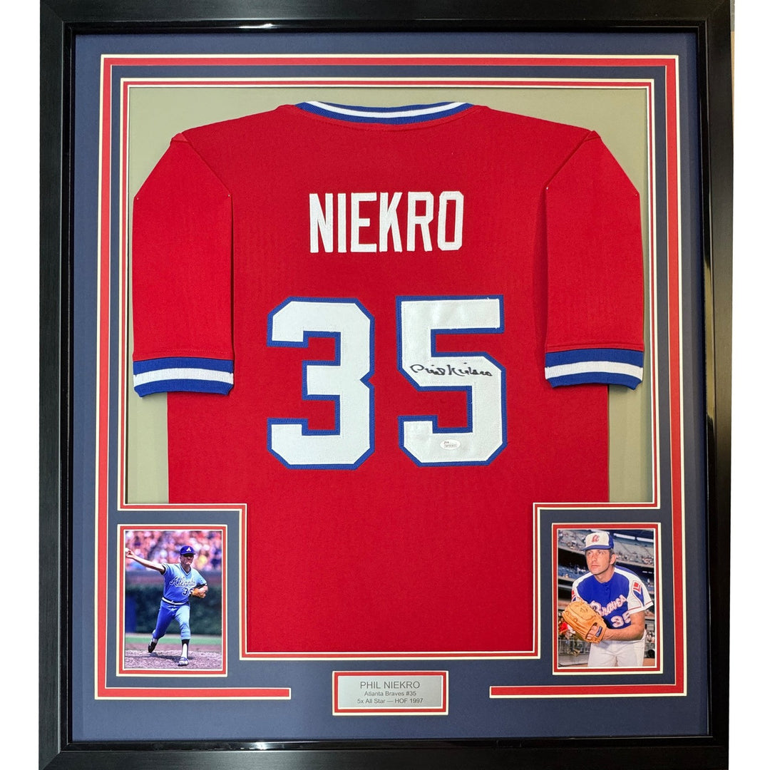 FRAMED Autographed/Signed PHIL NIEKRO 33x42 Atlanta Red Jersey JSA COA Auto