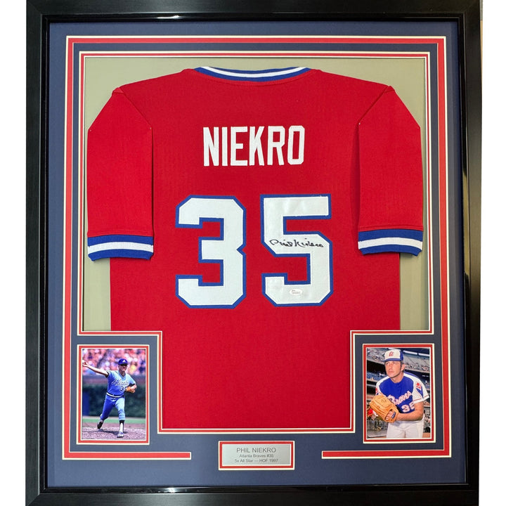 FRAMED Autographed/Signed PHIL NIEKRO 33x42 Atlanta Red Jersey JSA COA Auto