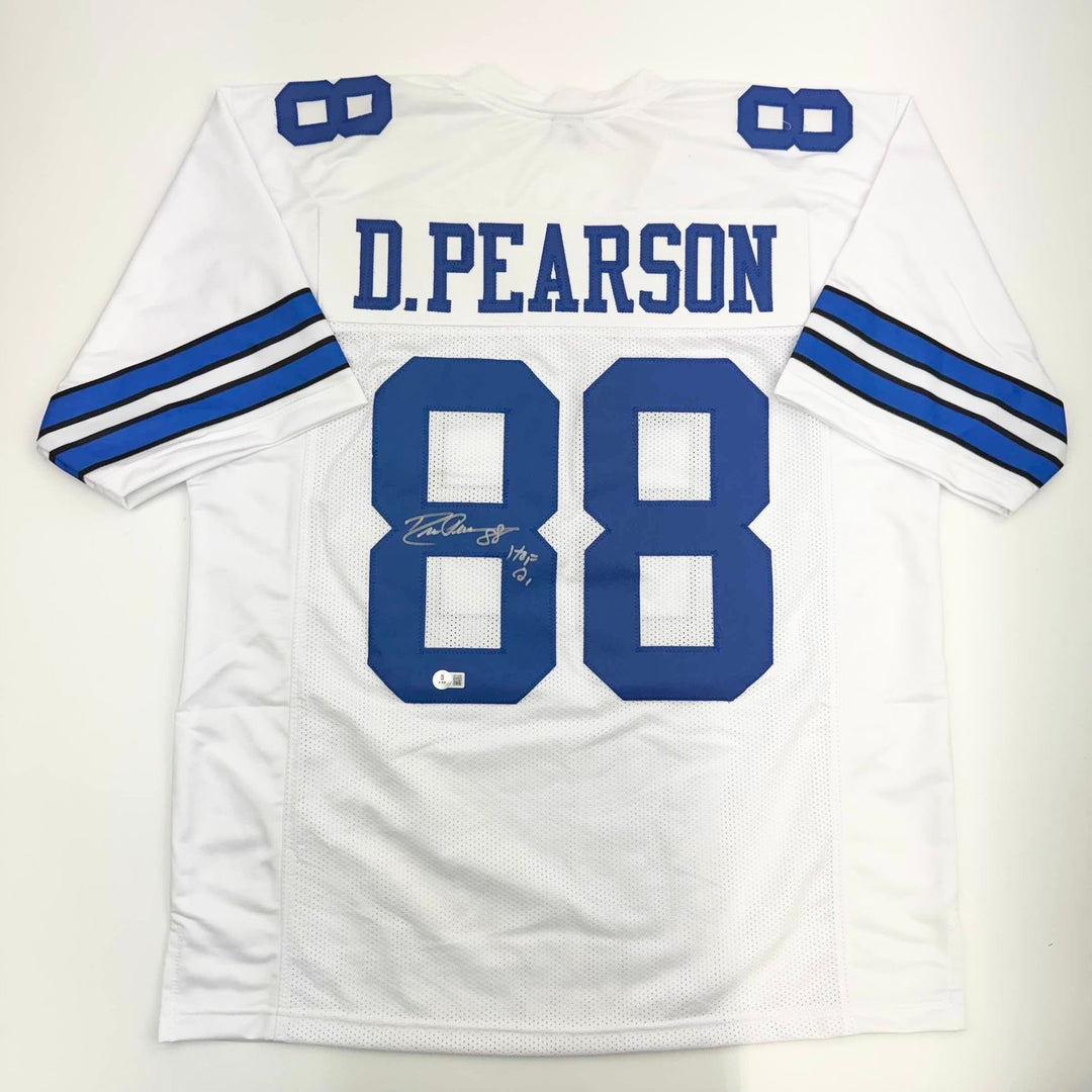 Autographed/Signed Drew Pearson HOF 21 Dallas White Jersey Beckett BAS