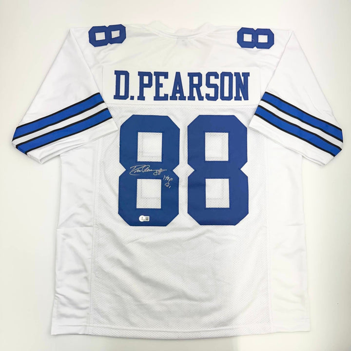 Autographed/Signed Drew Pearson HOF 21 Dallas White Jersey Beckett BAS
