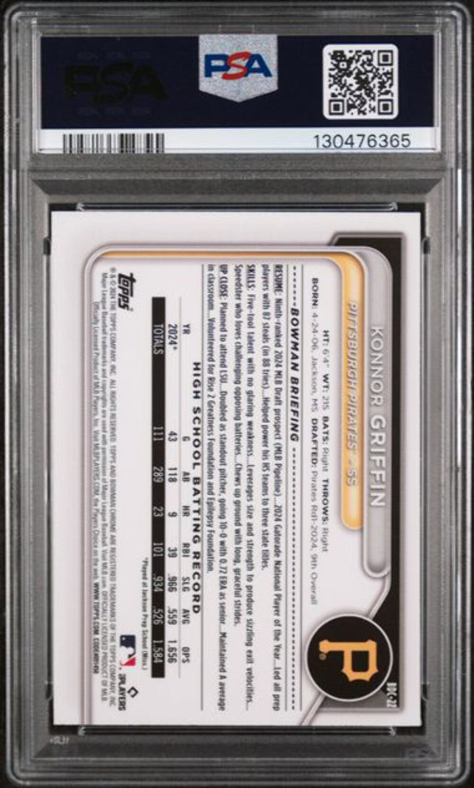 Graded 2024 Bowman Draft Konnor Griffin #BDC22 Chrome Lunar Rookie Card PSA 9