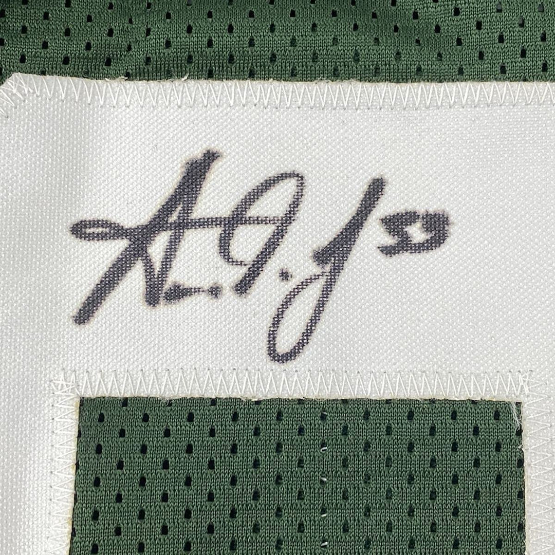 FRAMED Autographed/Signed AARON JONES 33x42 Green Football Jersey BAS COA