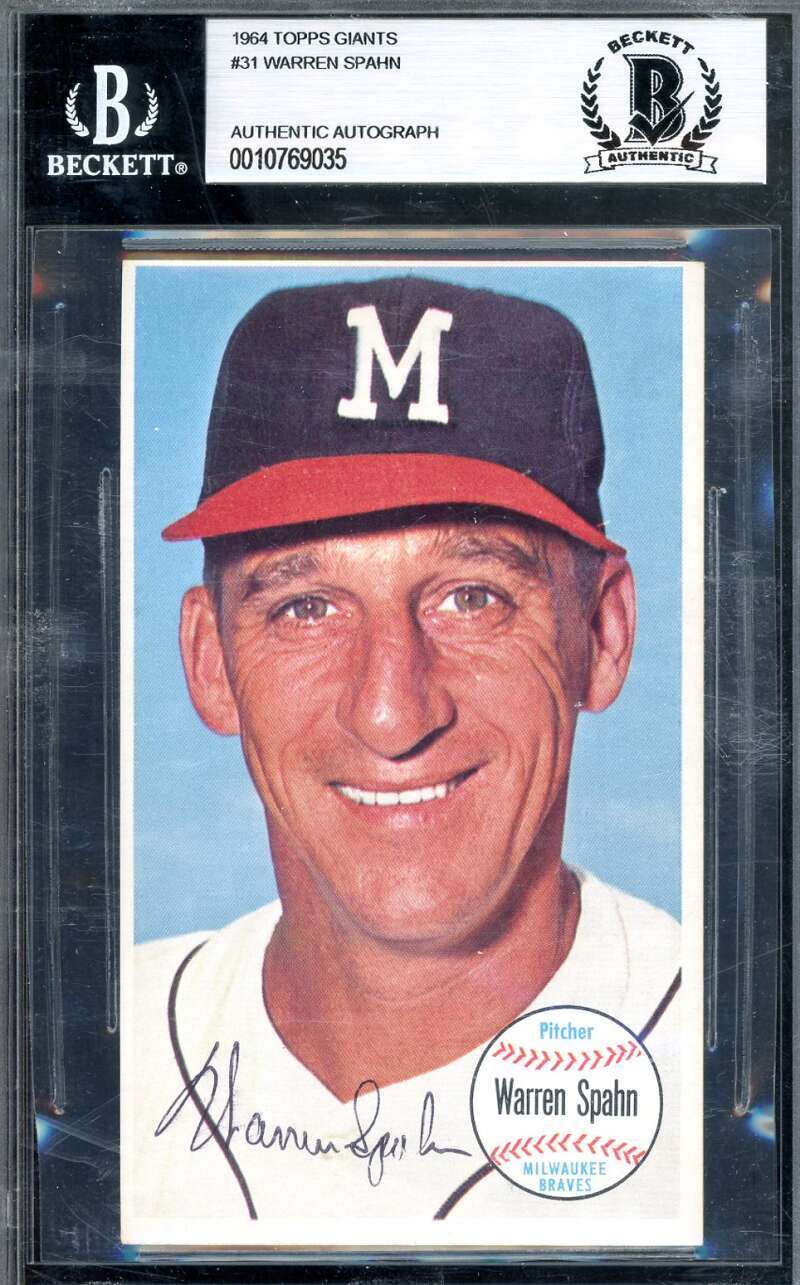 Warren Spahn Beckett BAS Signed 1964 Topps Giants Autograph