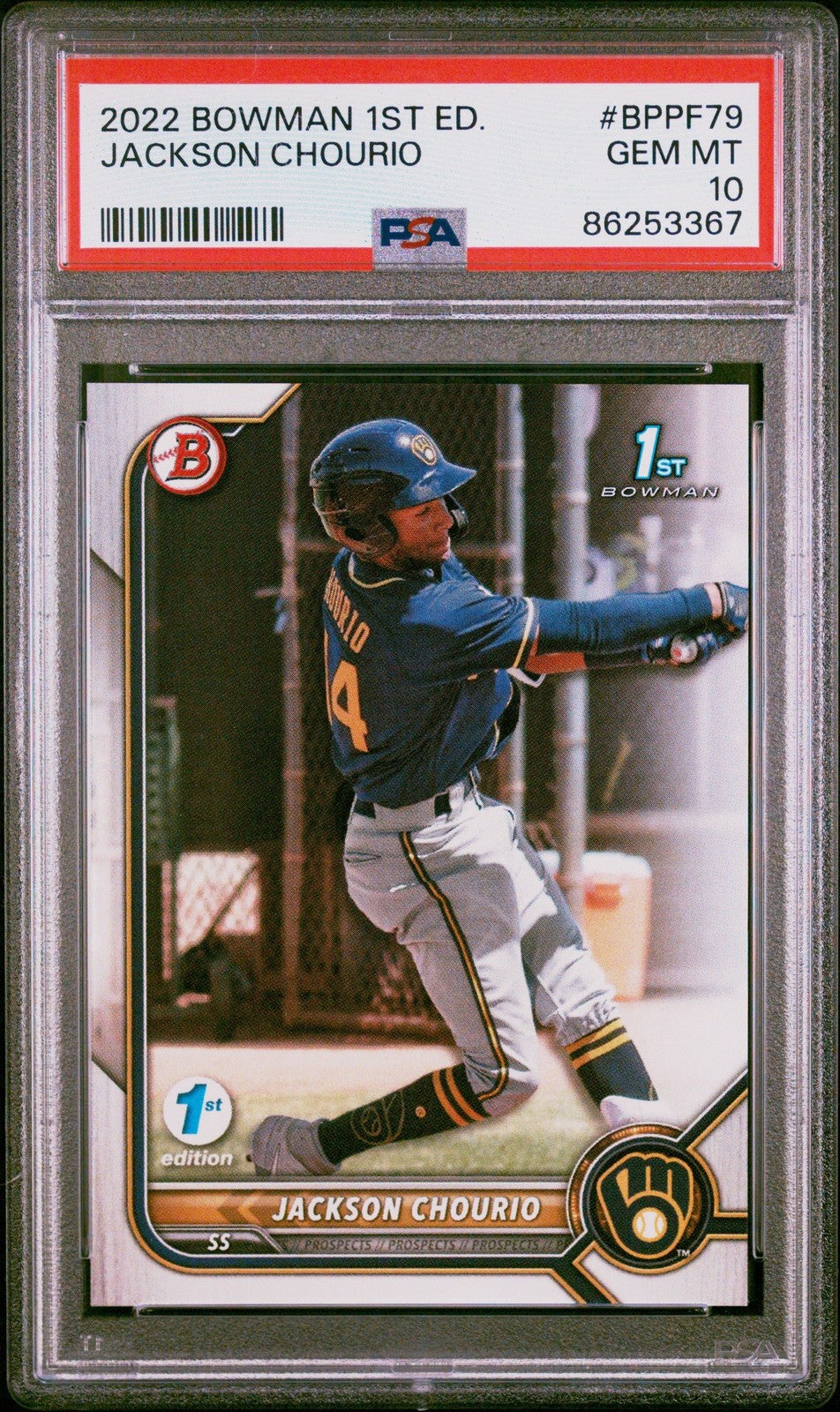Graded 2022 Bowman 1st Ed Jackson Chourio #BPPF79 RC Baseball Card PSA 10