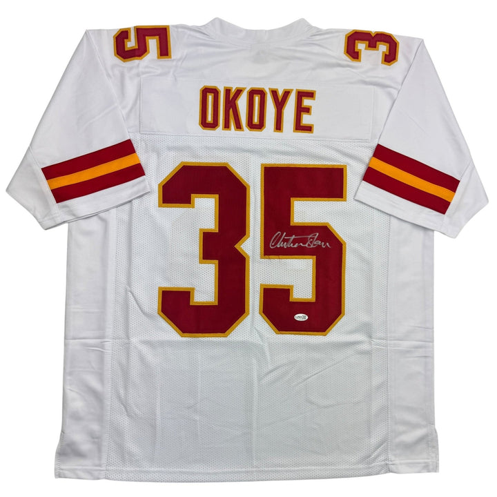 Autographed/Signed Christian Okoye Kansas City White Jersey JSA COA