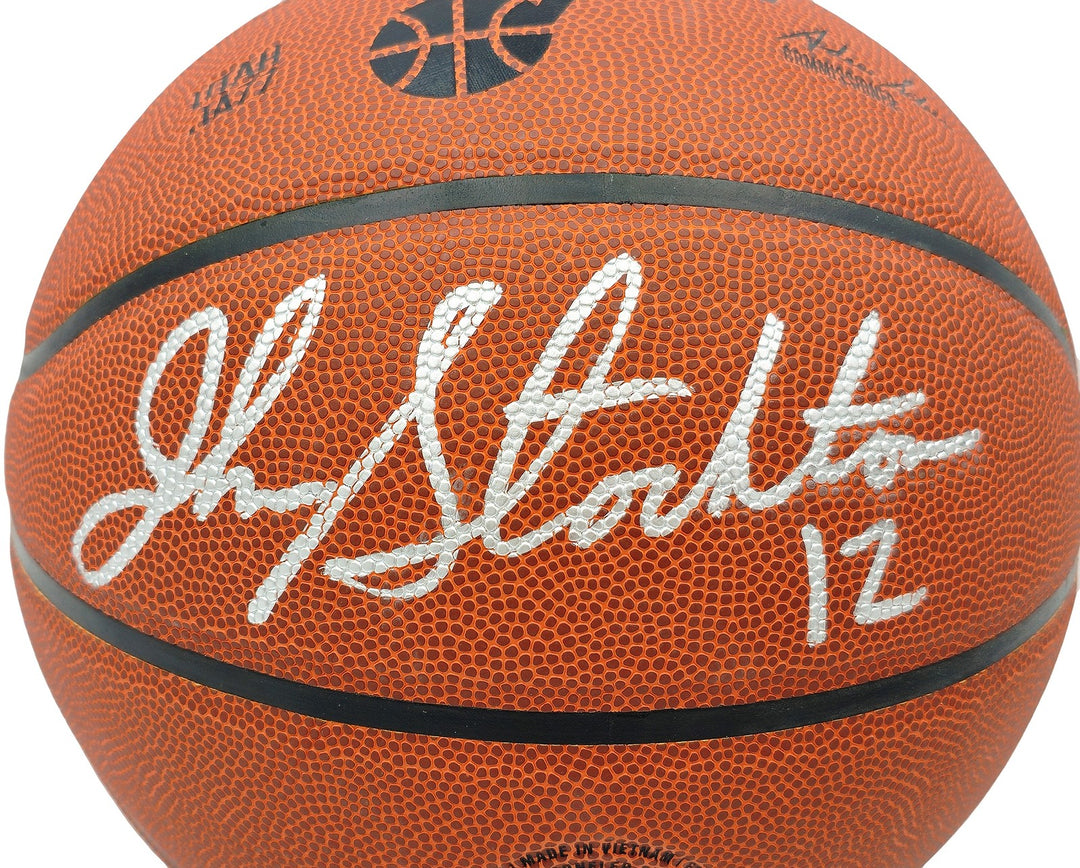 John Stockton & Karl Malone Auto Composite Leather Jazz Logo Basketball Beckett
