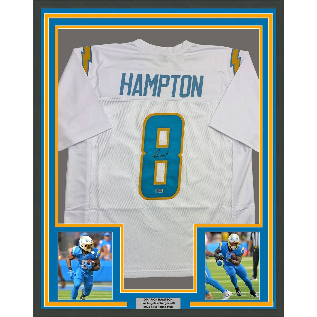Framed Autographed/Signed Omarion Hampton 35x39 LA White Jersey Beckett COA