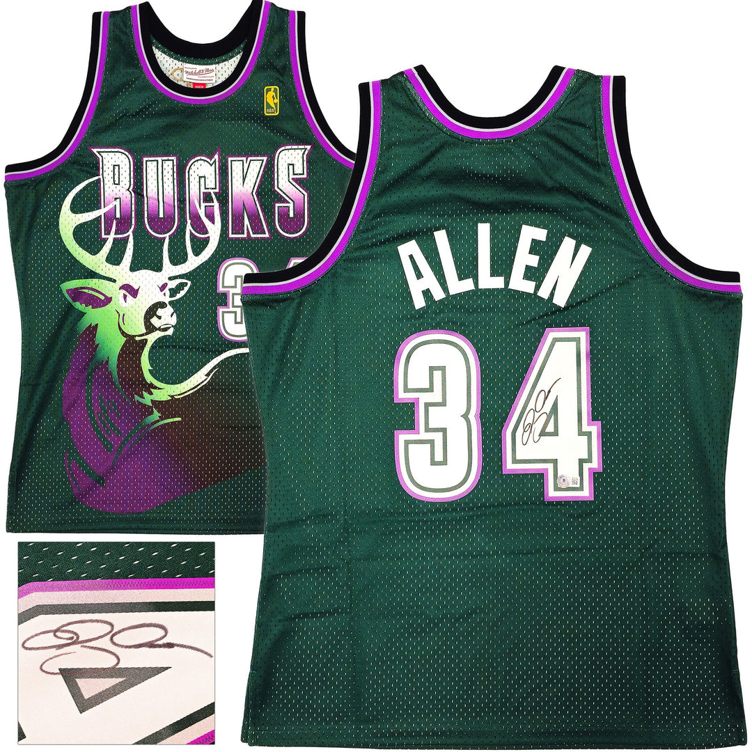 Bucks Ray Allen Auto Green Auth Mitchell Ness 96-97 Swingman Jersey L BAS
