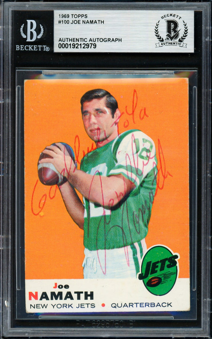 Joe Willie Namath Signed 1969 Topps Card 100 Jets "Good Luck To Ya" Beckett