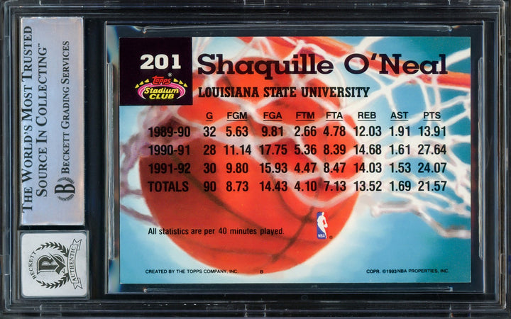 Shaquille ONeal Auto 1992-93 Stadium Club Members Choice RC 201 Magic Sig 10 BAS