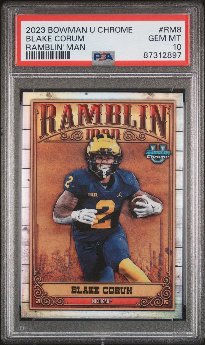 Graded 2023 Bowman U Chrome Blake Corum #RM8 Ramblin Man RC Card PSA 10