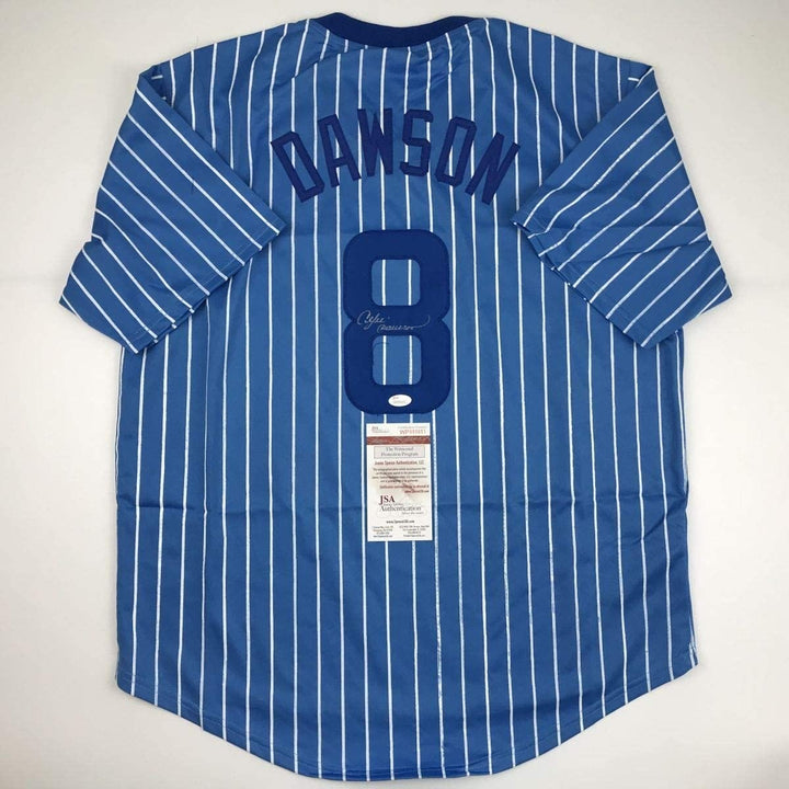 Autographed/Signed Andre Dawson Chicago Blue Pinstripe Jersey JSA COA
