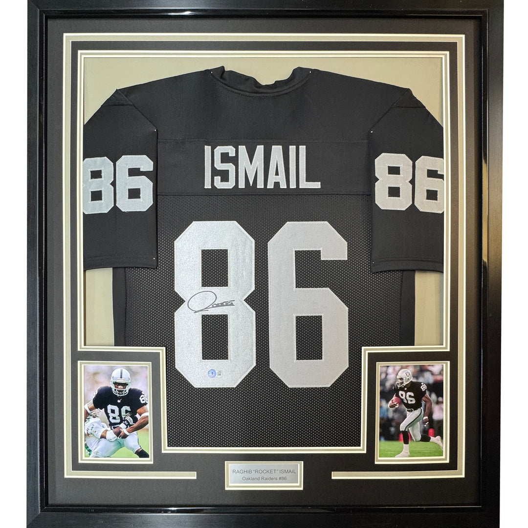 FRAMED Autographed/Signed RAGHIB ROCKET ISMAIL 33x42 Oakland Jersey JSA COA Auto