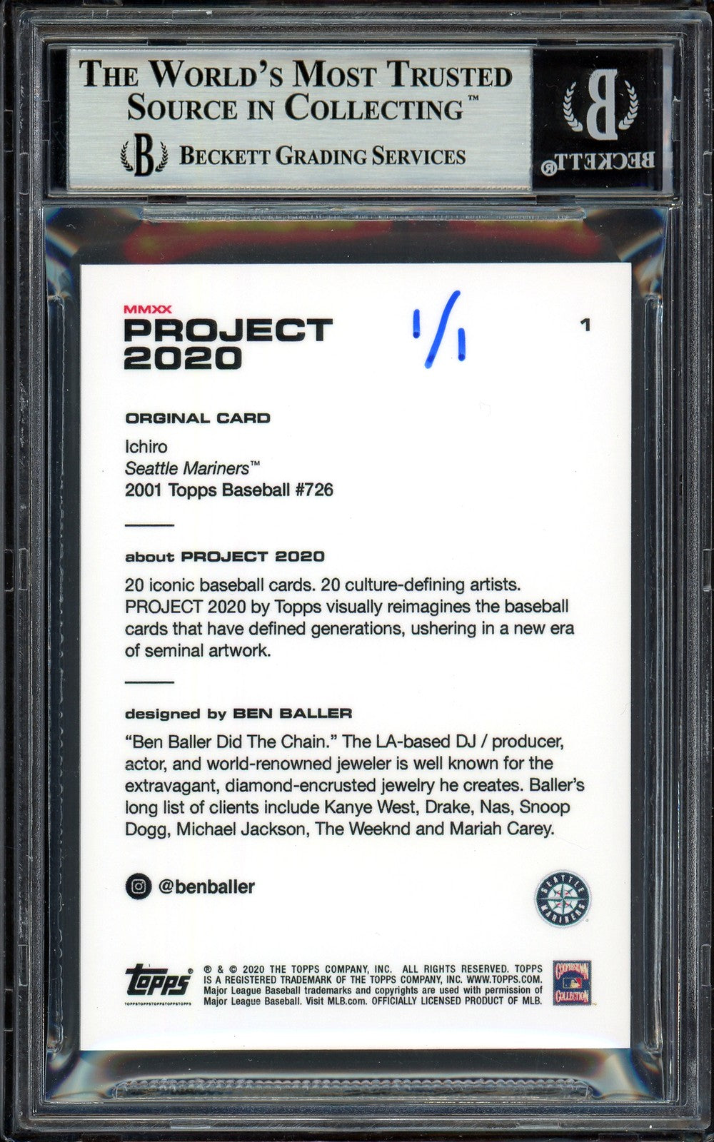 Ichiro Suzuki Signed Topps Project 2020 Ben Baller Card 1 4367 Hits #1/1 Beckett