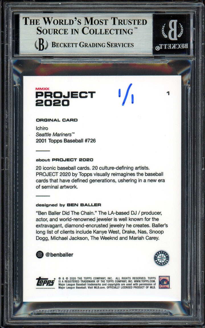 Ichiro Suzuki Signed Topps Project 2020 Ben Baller Card 1 4367 Hits #1/1 Beckett