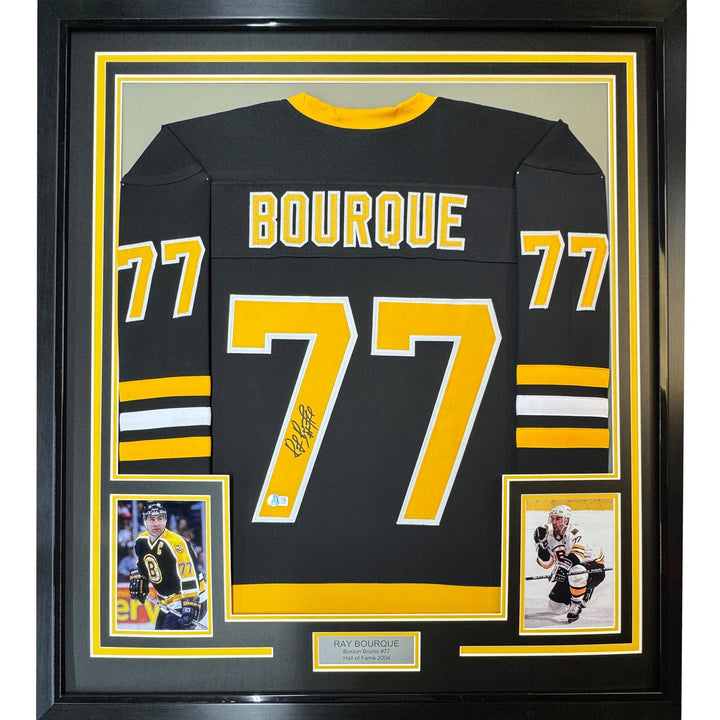 Framed Autographed/Signed Ray Bourque 35x39 Boston Black Jersey JSA COA