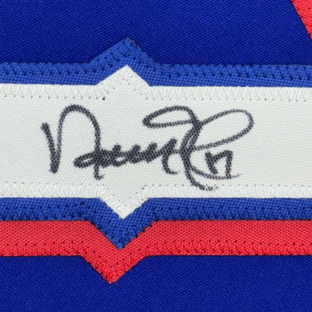 Framed Autographed/Signed Nathan Eovaldi 35x39 Texas Blue Jersey Beckett BAS COA