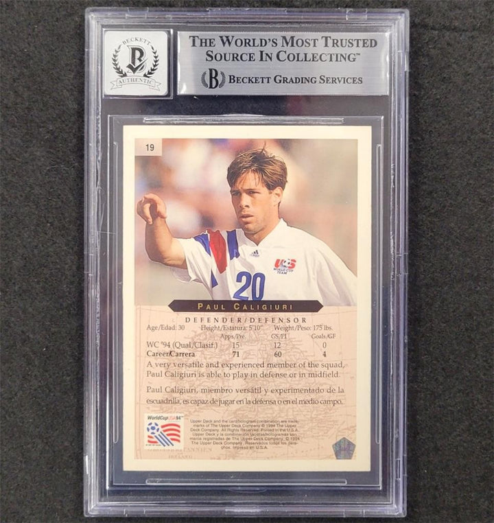 1994 UD World Cup #19 Paul Caligiuri "WC 90, 94" signed card Beckett BAS 10 auto