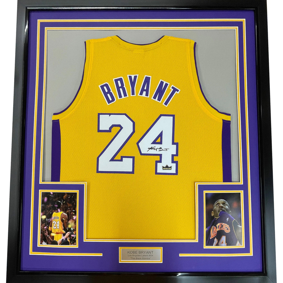 Framed Facsimile Autographed Kobe Bryant #24 33x42 LA Yellow Reprint Jersey
