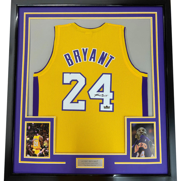 Framed Facsimile Autographed Kobe Bryant #24 33x42 LA Yellow Reprint Jersey