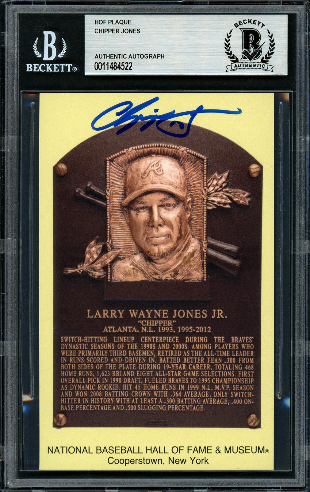 Chipper Jones Autographed Signed HOF Plaque Postcard Atlanta Braves Beckett