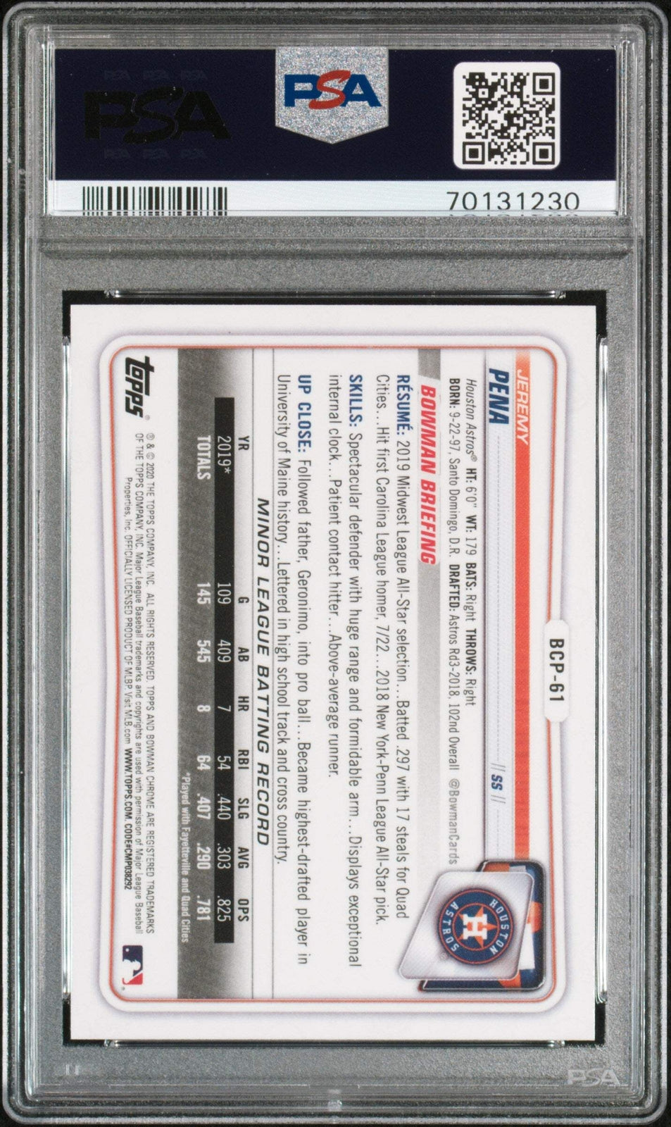 Graded 2020 Bowman Chrome Jeremy Pena #BCP61 Prospects RC Baseball Card PSA 10