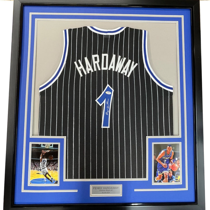 Framed Signed Anfernee Penny Hardaway 35x39 Black Jersey PSA COA