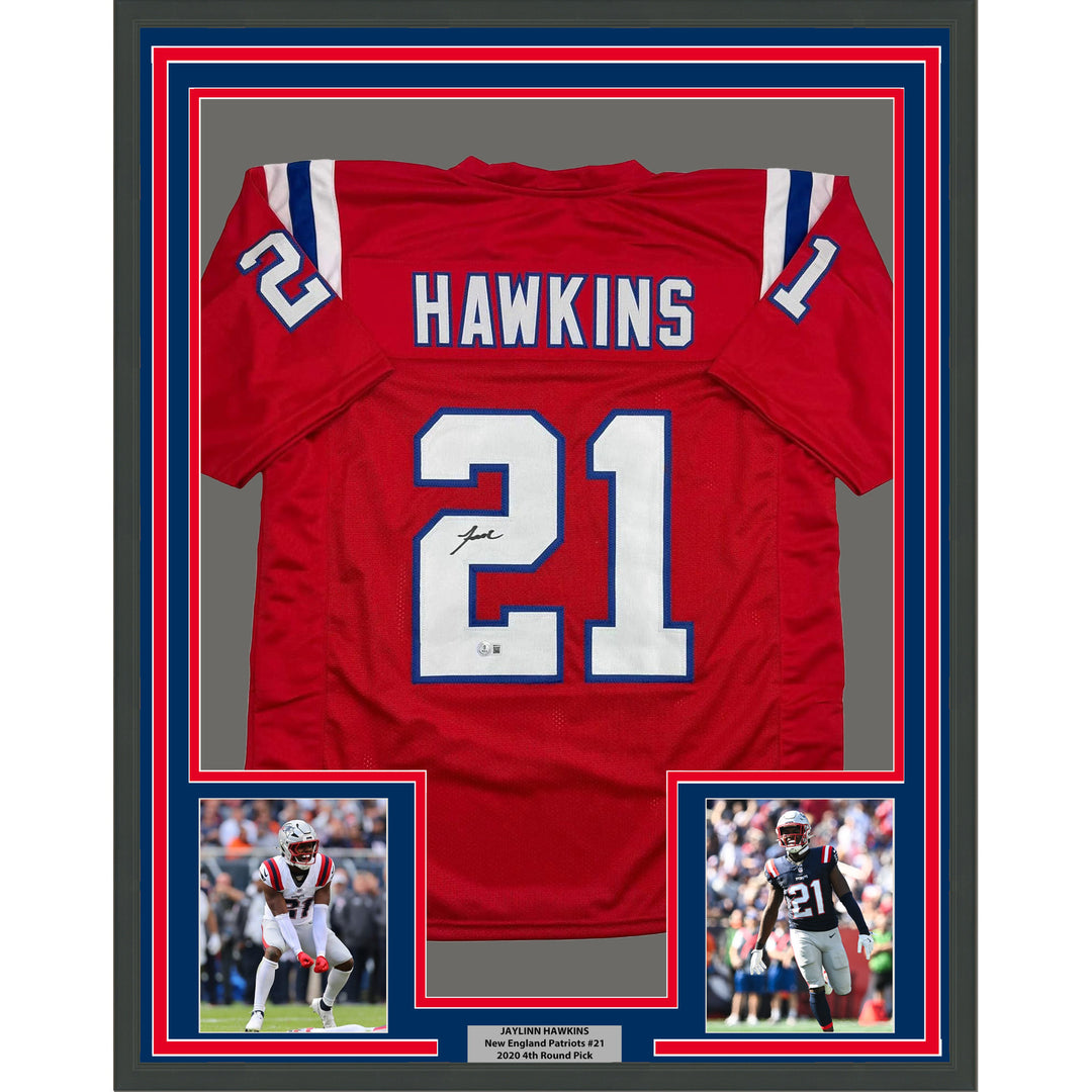 Framed Autographed/Signed Jaylinn Hawkins 35x39 New England Red Jersey BAS COA