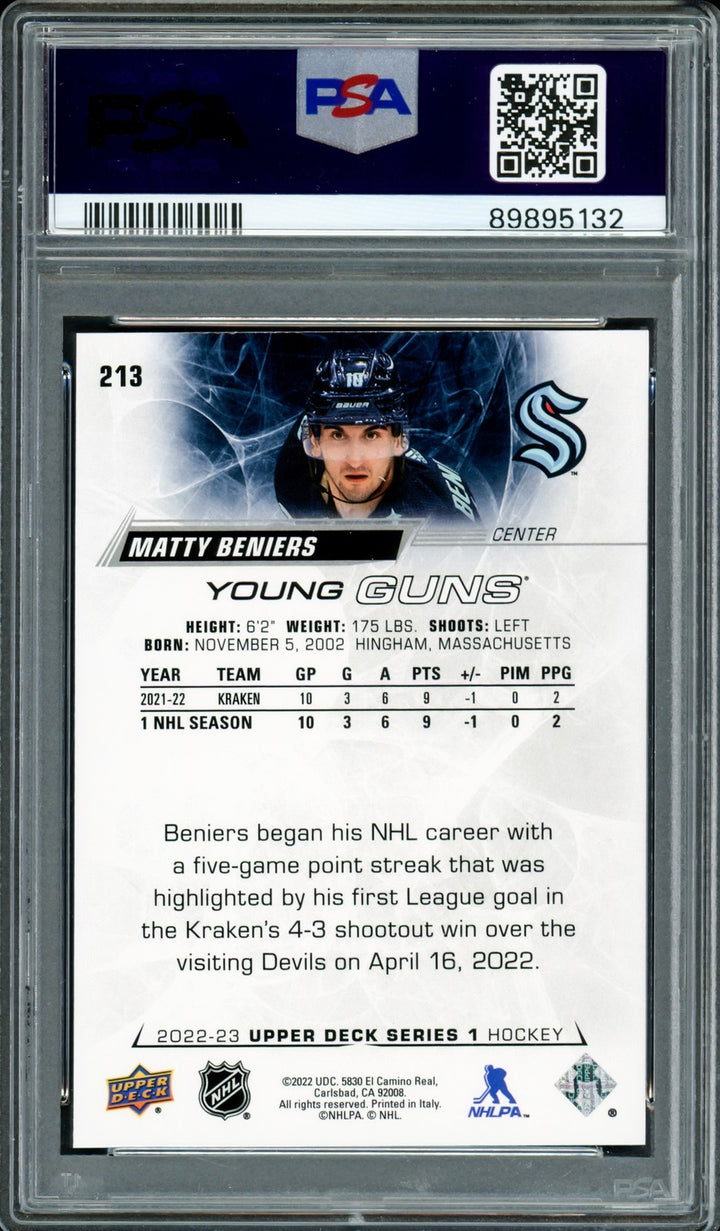 Matty Beniers Auto 2022 Upper Deck Young Guns RC 213 Kraken PSA 8 Sig 10 PSA/DNA