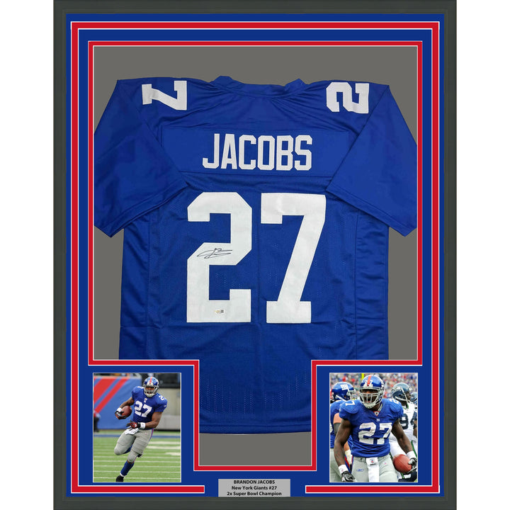 Framed Autographed/Signed Brandon Jacobs 35x39 New York Blue Jersey Beckett COA